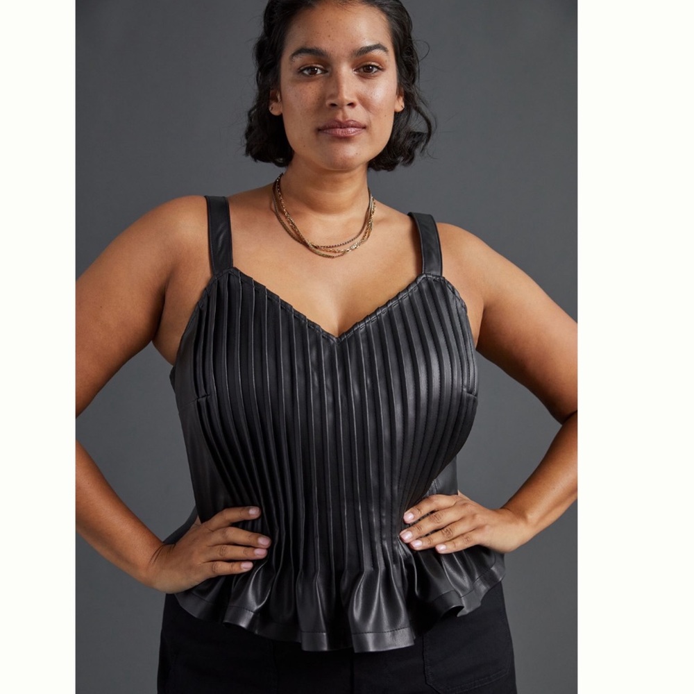COPY - Anthropologie ‘Let Me Be’Faux Leather Pintucked Black Top Cami M